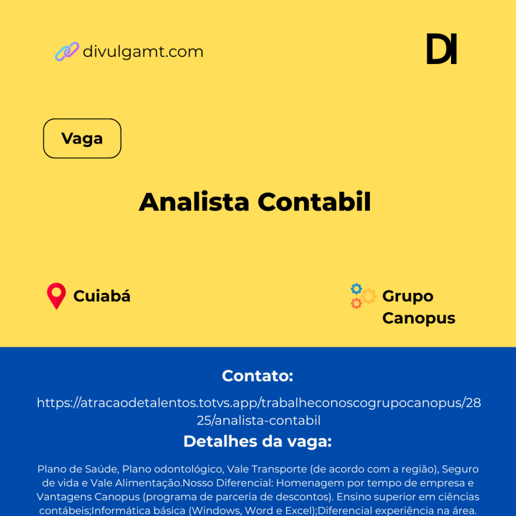Vaga para Analista Contábil em Cuiabá no Grupo Canopus