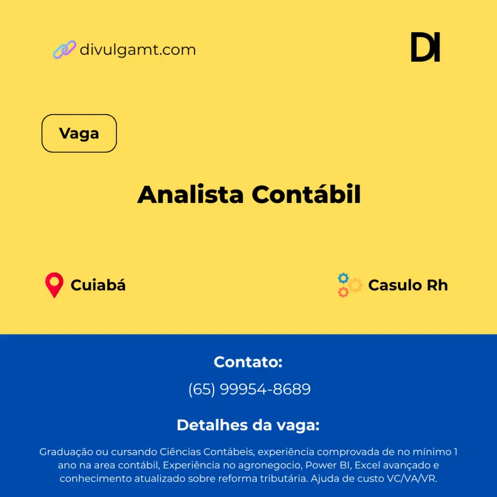 Nova Oportunidade de Analista Contábil em Cuiabá pela Casulo RH