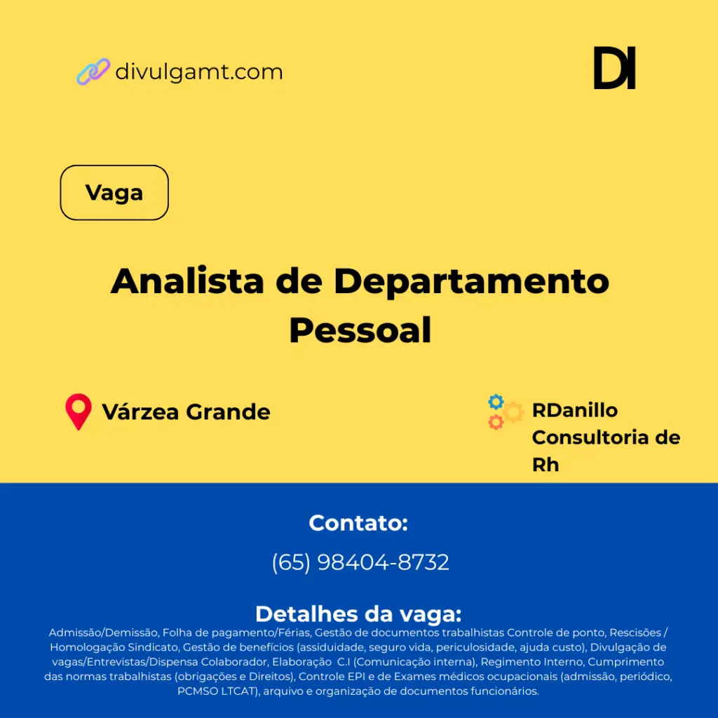Vaga de Analista de Departamento Pessoal na RDanillo Consultoria em Várzea Grande