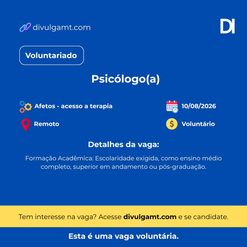 Oportunidade Voluntária para Psicólogo(a) no projeto Afetos – acesso a terapia