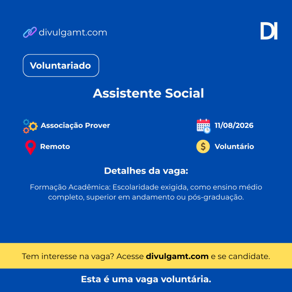 Vaga de Trabalho Voluntário para Assistente Social na Associação Prover